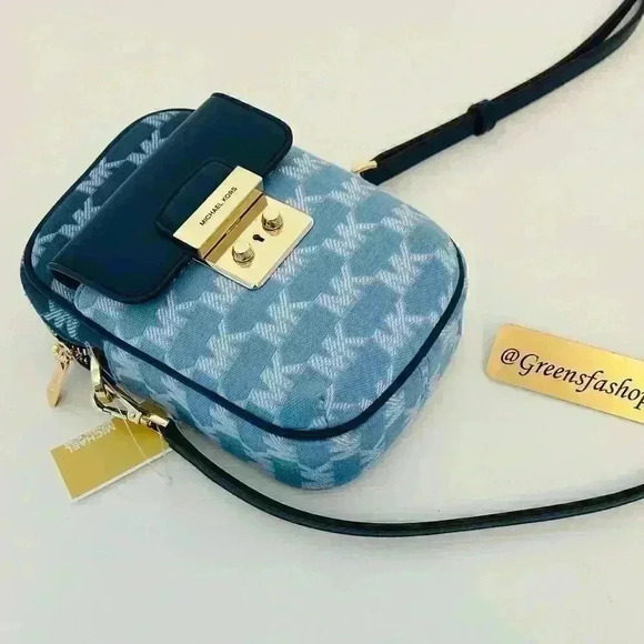 Michael Kors Sloan Editor Purse Small Phone Logo Jacquard Crossbody Navy - Picture 9 of 10